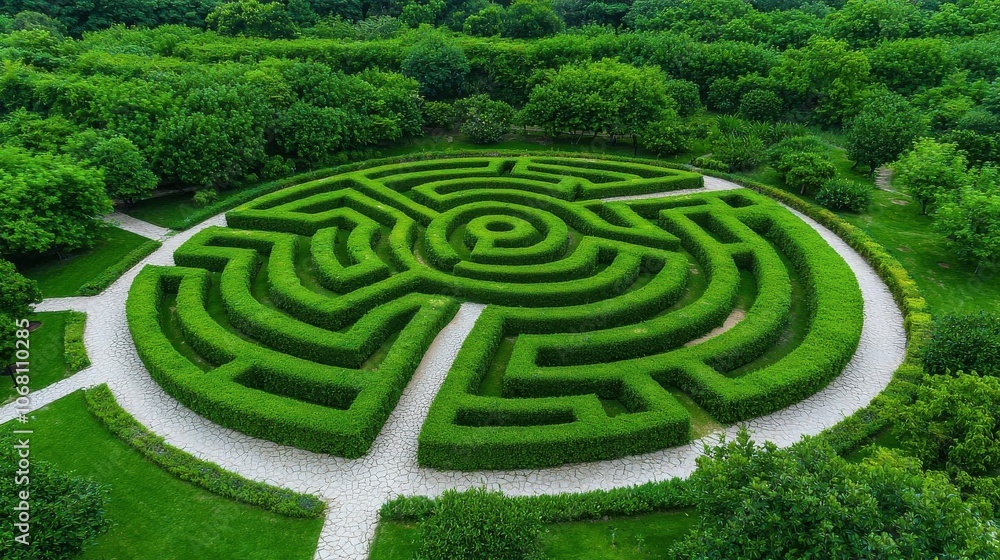 Aerial view of a lush green maze surrounded by trees and pathways. Aerial view of a lush green maze surrounded by trees and pathways.