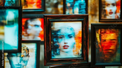 A series of photo frames with blurred cultural icons symbolizing media influence on cultural identity