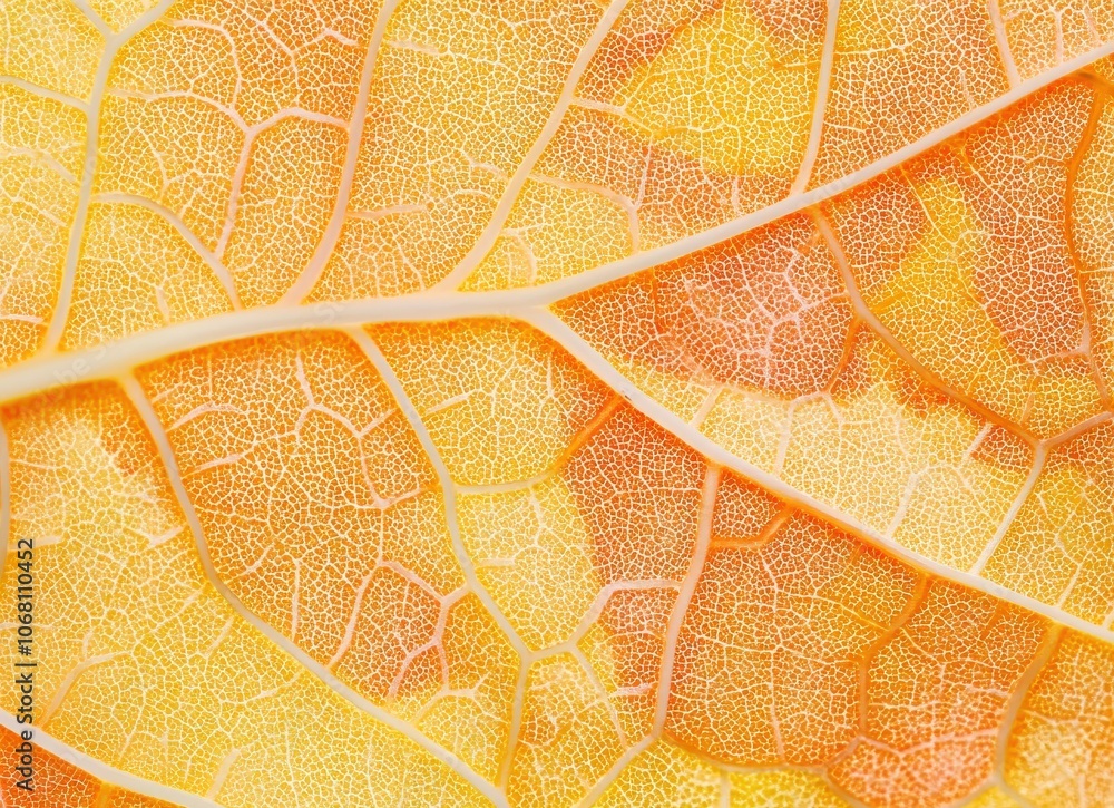 Obraz premium Close up of a leaf with intricate veins and a yellow and orange hue.
