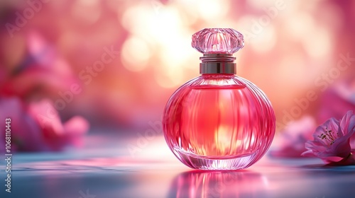 A pink perfume bottle on a gradient background, with copy space for branding and product promotion, ideal for beauty and fragrance marketing.