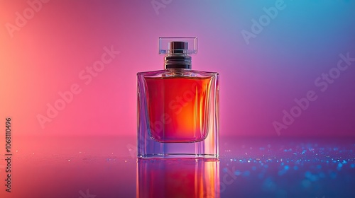 A pink perfume bottle on a gradient background, with space for branding, perfect for beauty product promotions and fragrance marketing.