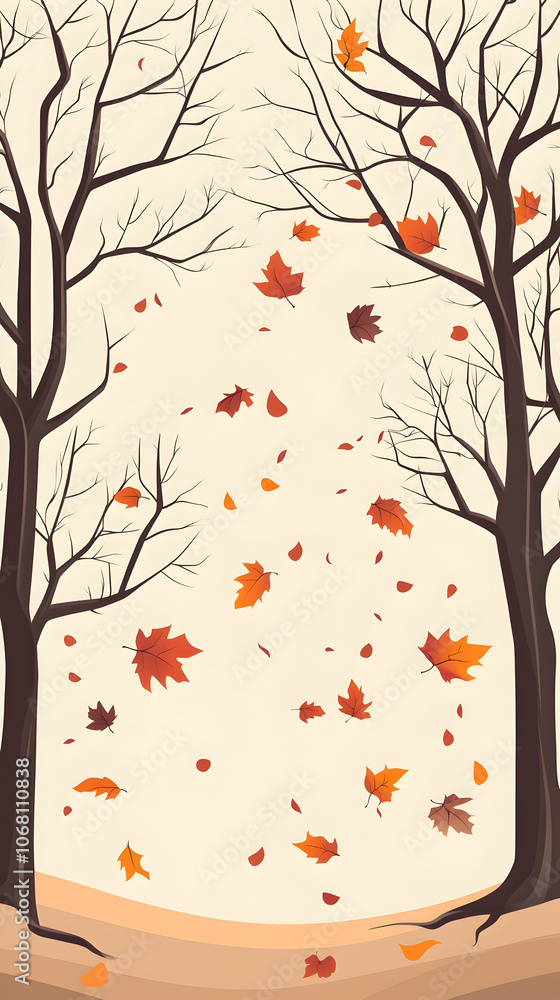 Fototapeta premium Fall leaves falling between two bare trees with a cream background.