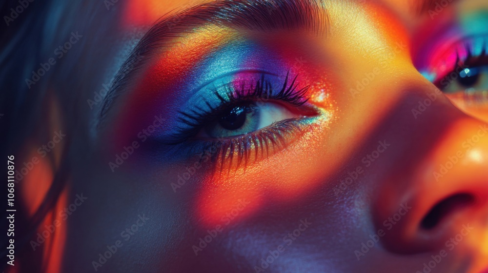 Woman with vibrant and colorful makeup, creating a bold artistic look Woman with vibrant and colorful makeup, creating a bold artistic look