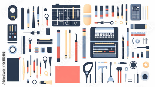 Flat illustration of art supplies with pencils, markers, pens, brushes, and other tools. photo