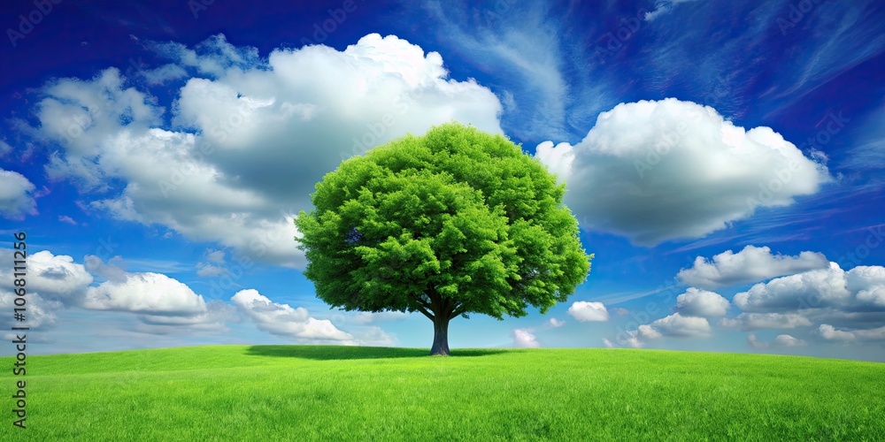 Green tree standing in lush green grass under a blue sky with fluffy clouds , nature, landscape, peaceful, tranquility Green tree standing in lush green grass under a blue sky with fluffy clouds , nature, landscape, peaceful, tranquility