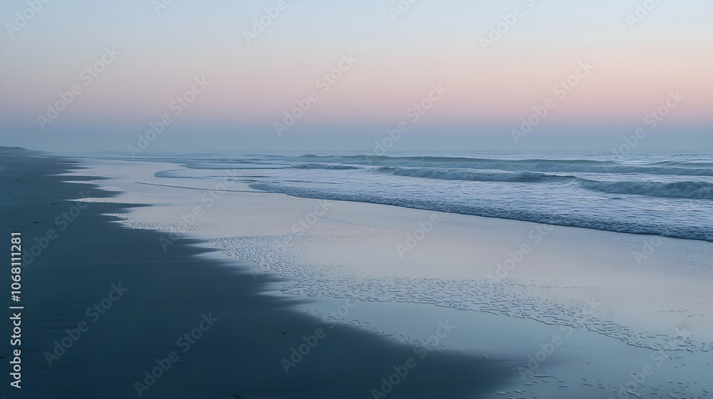 Misty Beach at Sunrise with Calm Waves and Soft Colors. Misty Beach at Sunrise with Calm Waves and Soft Colors.
