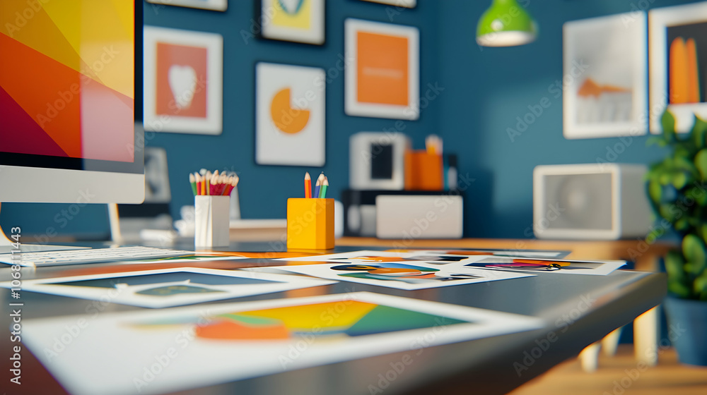 Modern office desk with scattered design concepts, pencils, and a computer. Modern office desk with scattered design concepts, pencils, and a computer.