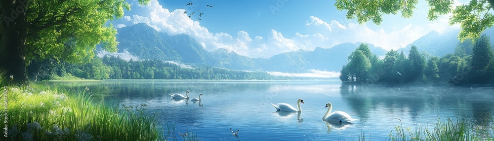 Serene Lake Landscape with Swans and Lush Greenery Under a Clear Blue Sky in a Tranquil Mountain Setting Serene Lake Landscape with Swans and Lush Greenery Under a Clear Blue Sky in a Tranquil Mountain Setting