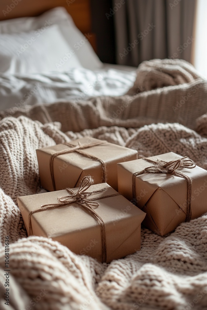 Wrapped gifts on cozy knitted blanket in warm light Wrapped gifts on cozy knitted blanket in warm light