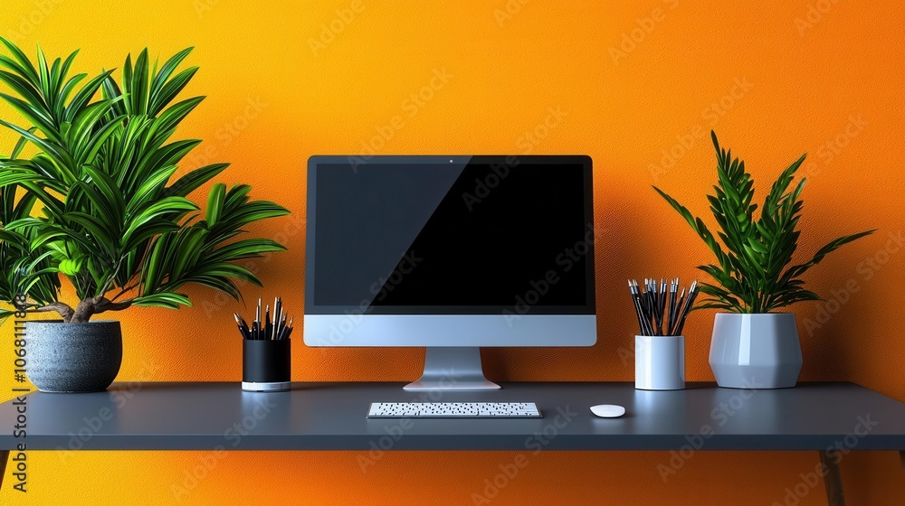 Stylish home office setup with computer and greenery against an orange wall. Stylish home office setup with computer and greenery against an orange wall.