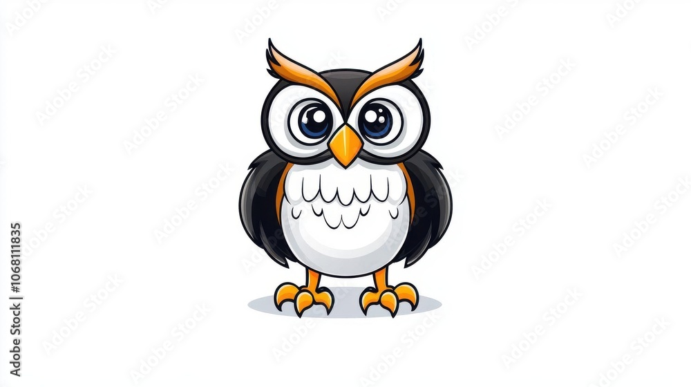 Cute cartoon owl with large eyes, standing on a white isolated background. Cute cartoon owl with large eyes, standing on a white isolated background.