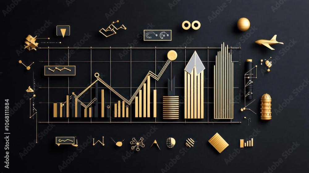 Gold financial growth charts and icons on a dark background. Gold financial growth charts and icons on a dark background.