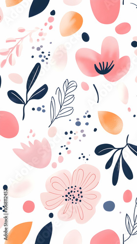 Watercolor floral pattern with pink, orange, and blue accents on white background.