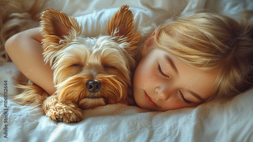 A little girl with blonde hair is sleeping on the bed, cuddling her Yorkshire Terrier dog next to her