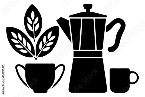 Coffee set, moka pot, milk jug, coffee cup, coffee beans, botanical elements, black and white, silhouette style.