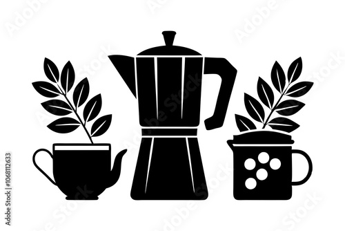 Coffee set, moka pot, milk jug, coffee cup, coffee beans, botanical elements, black and white, silhouette style.