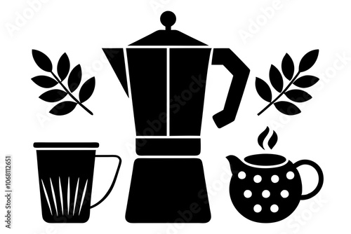 Coffee set, moka pot, milk jug, coffee cup, coffee beans, botanical elements, black and white, silhouette style.