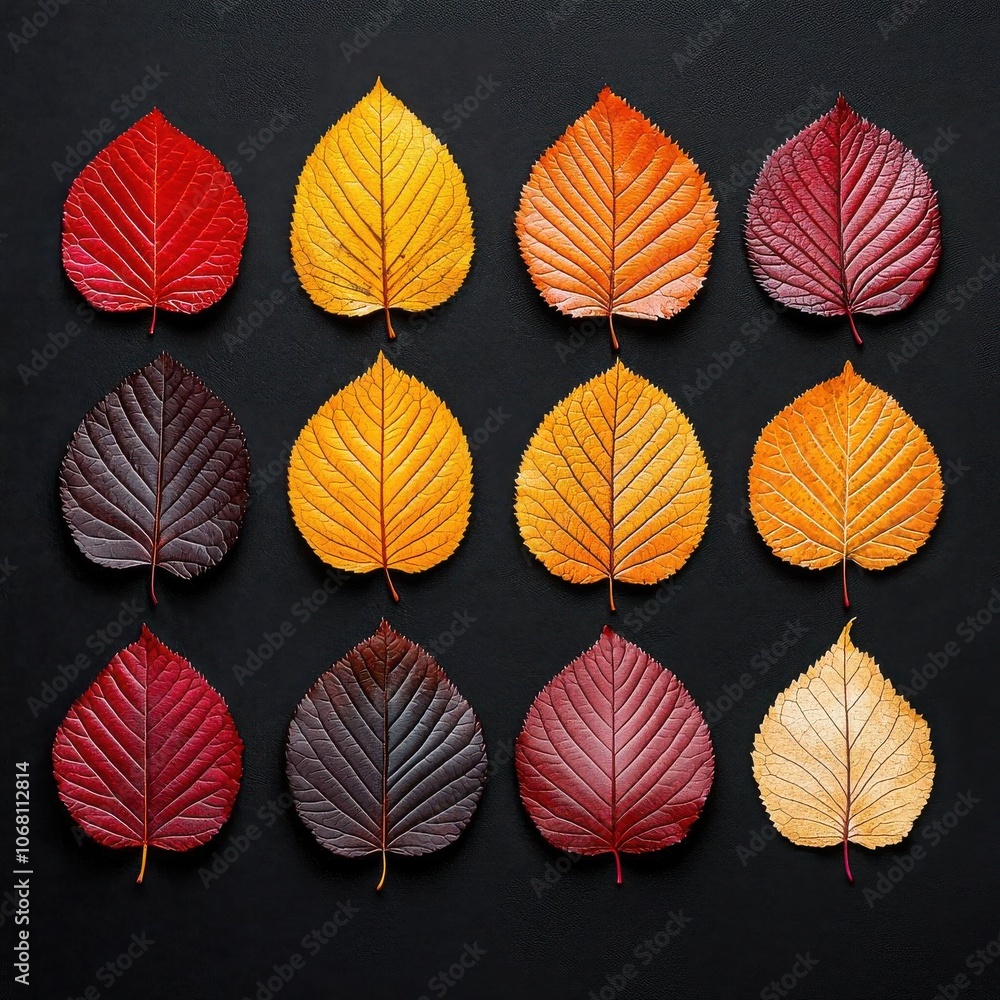 Obraz premium Colorful autumn leaves arranged in a grid on a dark background.