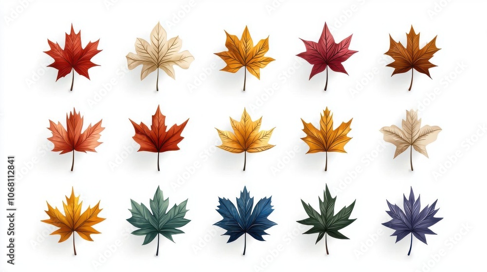 Colorful maple leaves arranged in a grid on white isolate background. Colorful maple leaves arranged in a grid on white isolate background.