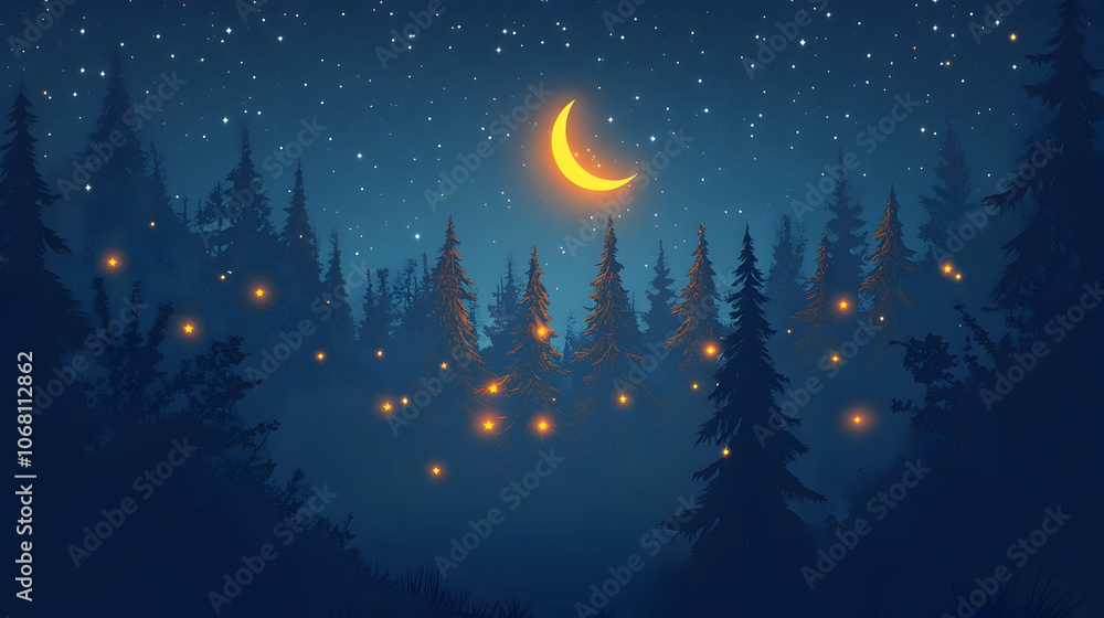 Naklejka premium A crescent moon shines over a dark forest, with fireflies illuminating the trees and the ground.