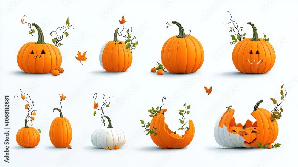 Collection of pumpkins with vines, orange and white, on a white isolated background. Collection of pumpkins with vines, orange and white, on a white isolated background.