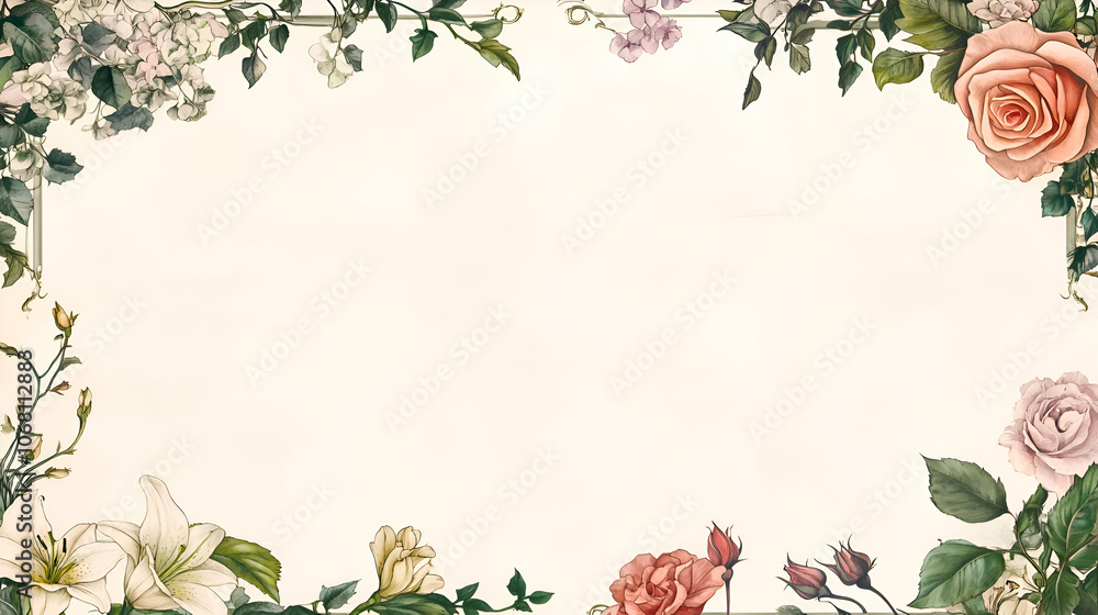 A delicate floral frame with roses, lilies, and other blooms surrounding a blank white space. A delicate floral frame with roses, lilies, and other blooms surrounding a blank white space.