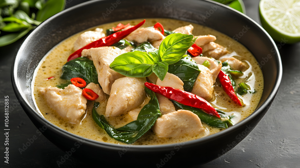 Delicious Thai Green Curry with Chicken in Deep Bowl Delicious Thai Green Curry with Chicken in Deep Bowl