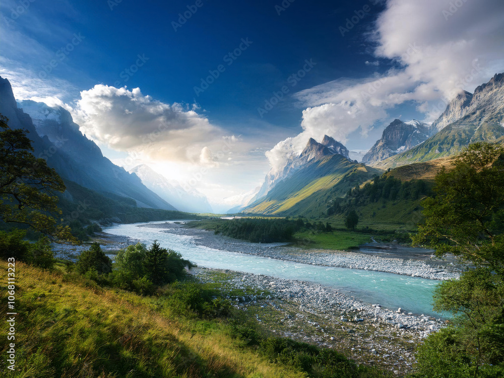 Fototapeta premium landscape with river and mountains