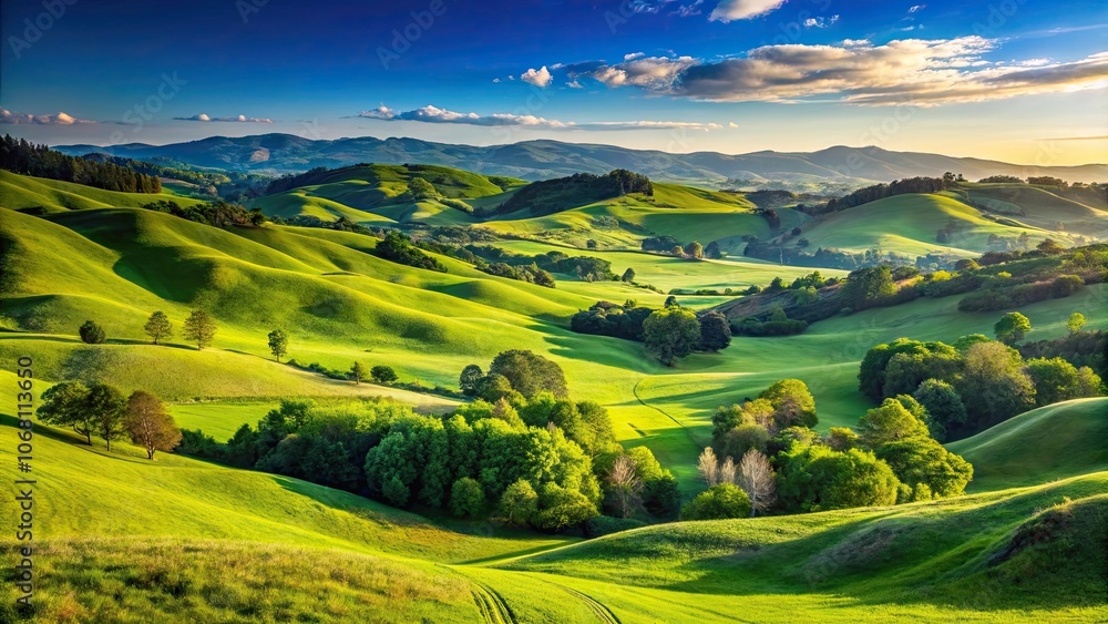 Beautiful landscape in the foothills with rolling hills, vibrant greenery, and a clear blue sky, scenic, panoramic, view Beautiful landscape in the foothills with rolling hills, vibrant greenery, and a clear blue sky, scenic, panoramic, view