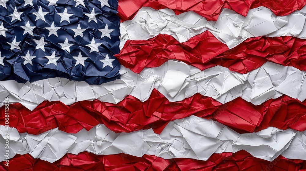 Crumpled American flag, symbolizing patriotism and national identity, against a textured backdrop. Crumpled American flag, symbolizing patriotism and national identity, against a textured backdrop.