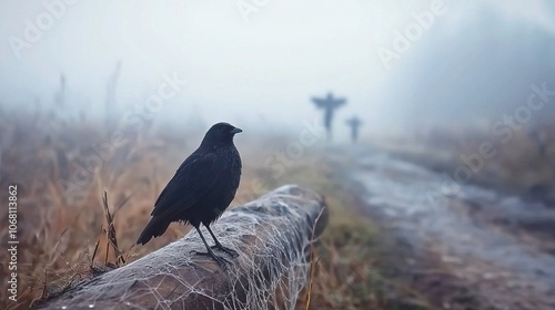 A solitary black bird perched on a log in a foggy, eerie landscape. photo