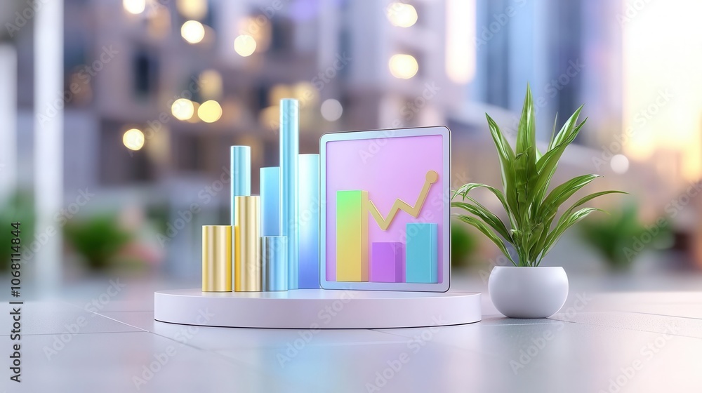 Colorful business charts and graphs displayed with a small plant in a modern office setting. Colorful business charts and graphs displayed with a small plant in a modern office setting.