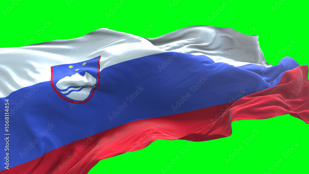 Naklejka premium Slovenia flag - 3D realistic waving flag on green screen background for chroma key