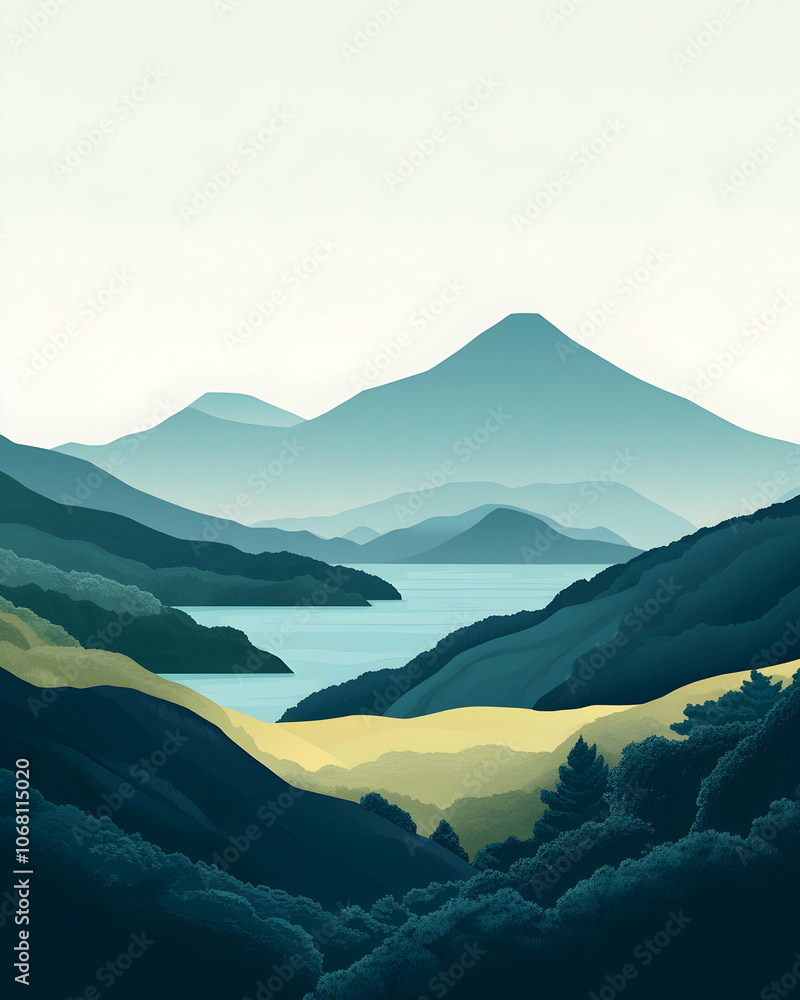 Naklejka premium A serene landscape with a calm lake nestled in the valleys of rolling mountains.