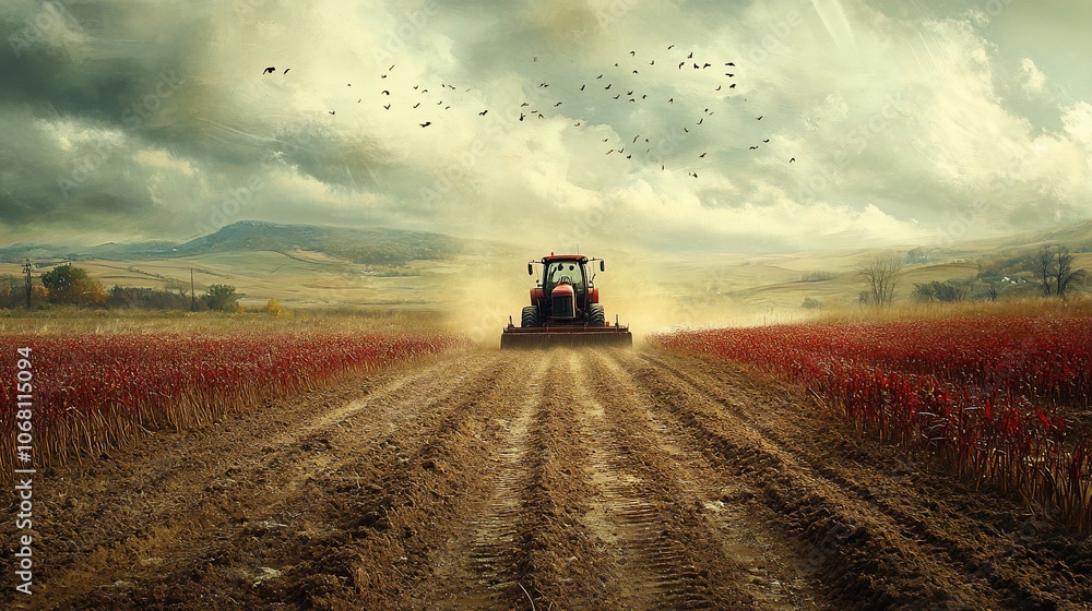 Fototapeta premium A red tractor drives through a field of red clover, leaving a trail of dust and dirt behind it. The sky is overcast and there are birds flying overhead.