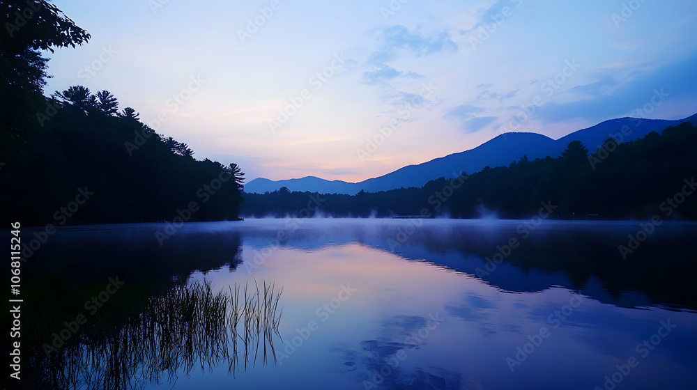 Fototapeta premium A tranquil lake with mist rising from the water at dawn, with a mountain range in the background.