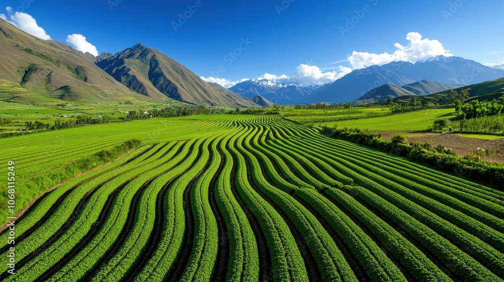 Obraz premium Lush green terraced fields under a clear blue sky and majestic mountains.