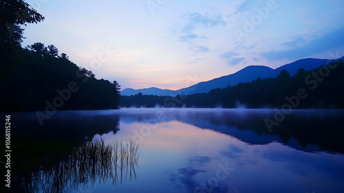 A tranquil lake with mist rising from the water at dawn, with a mountain range in the background.