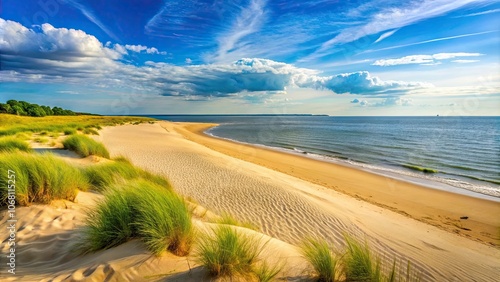 Scenic view of Sandy Hook beach at Gateway National Recreation Area, beach, ocean, coastline, sand dunes photo