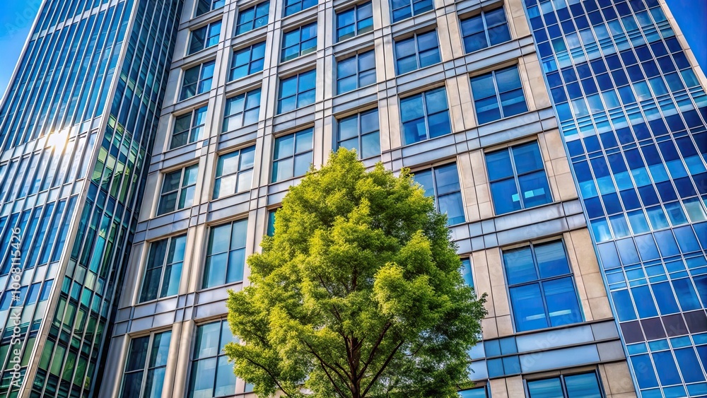 Obraz premium Tall building with large windows and tree in front for charm , architecture, building, urban, city, windows, glass, modern, design
