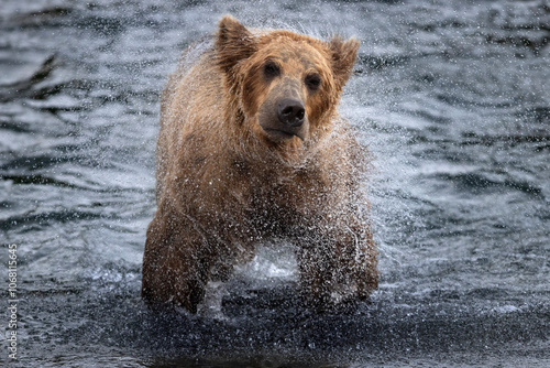 Wild coastal brown bear fishing along the Brooks River in Katmai National Park in Alaska.