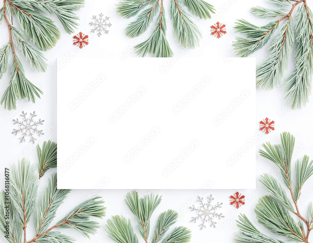 Christmas Card Mockup with Pine Branches and Snowflakes Christmas Card Mockup with Pine Branches and Snowflakes