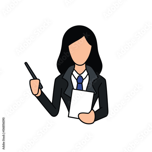 A modern, minimalist icon depicting a professional woman leading a team in a business meeting. The icon features clean lines and simple shapes, representing a confident female leader