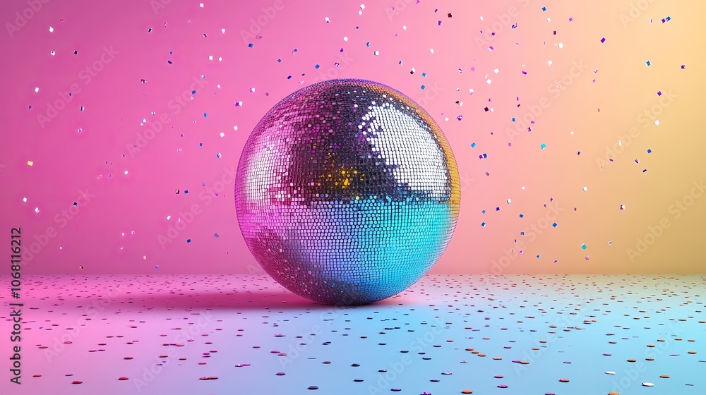 A retro rainbow disco ball on a pastel backdrop, representing the energetic vibe of music and dance parties from the 80s and 90s. A retro rainbow disco ball on a pastel backdrop, representing the energetic vibe of music and dance parties from the 80s and 90s.