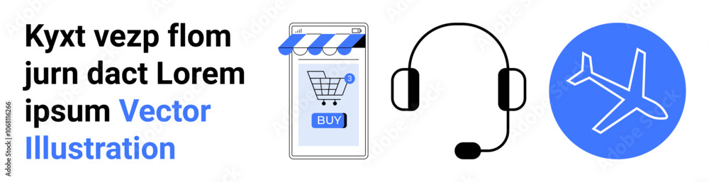 Fototapeta premium Shopping cart app, headset, airplane icon, generic text. Ideal for e-commerce, customer support, travel booking, tech support, online services, global business, digital marketing. Landing page