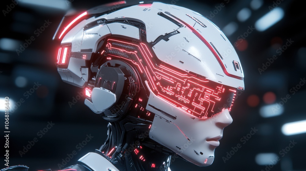 Fototapeta premium Explore the futuristic design of a robotic headpiece featuring advanced technology and neon elements