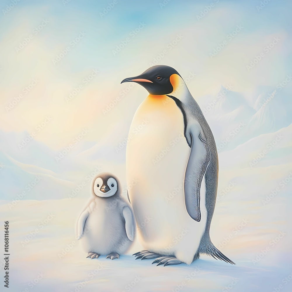 Fototapeta premium A close-up of an Emperor penguin family, with an adult penguin standing protectively over a fluffy, gray chick on a snowy plain. The Antarctic background is vast and white with subtle blue tones, and 
