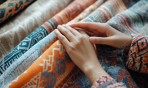 Hands gently touching vibrant, patterned fabrics showcasing textile artistry.