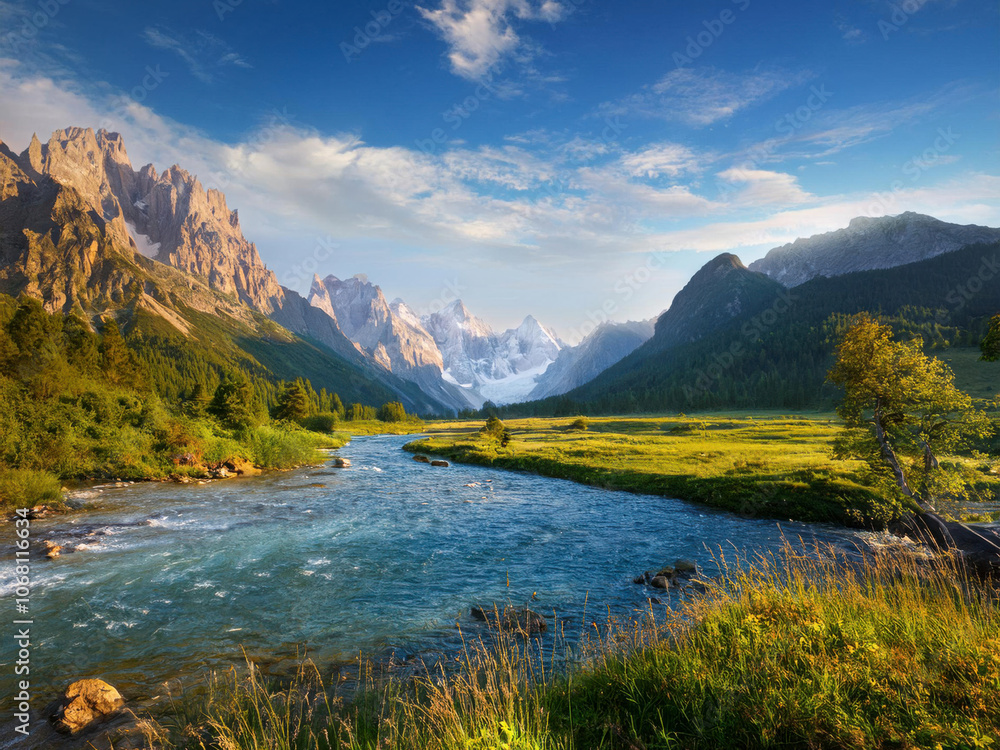 landscape with river and mountains landscape with river and mountains