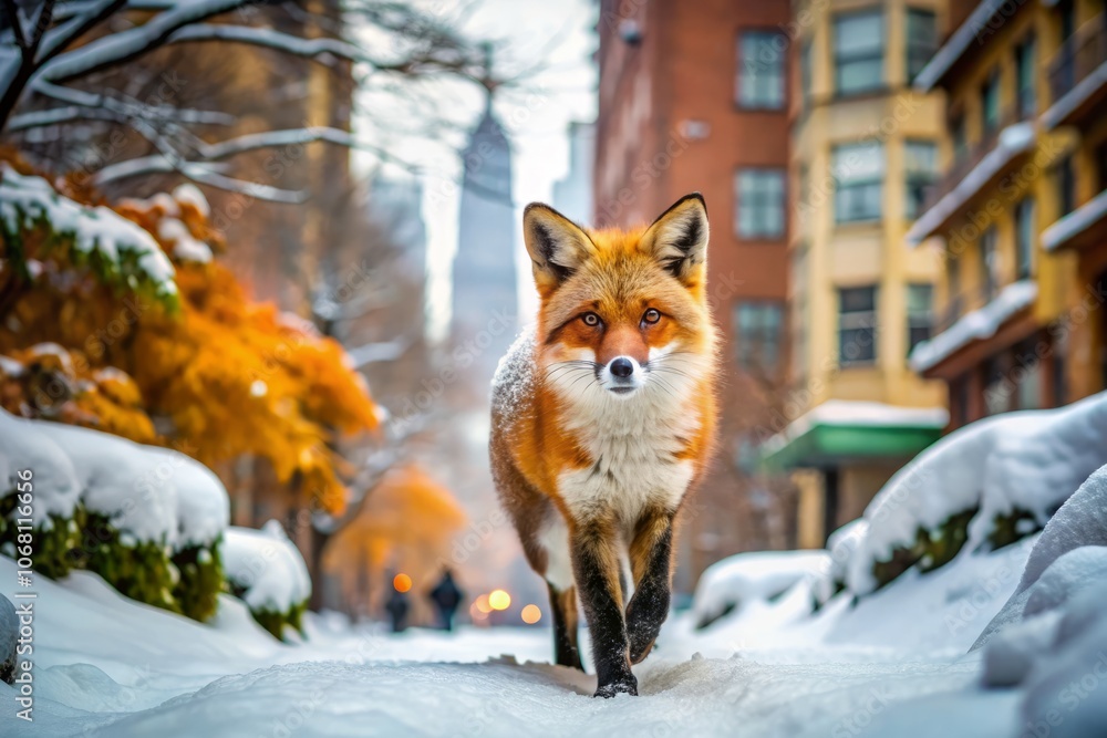 Obraz premium Red Fox in the Snow: A Captivating Urban Exploration of Vulpes Vulpes in the Winter Landscape of the United States